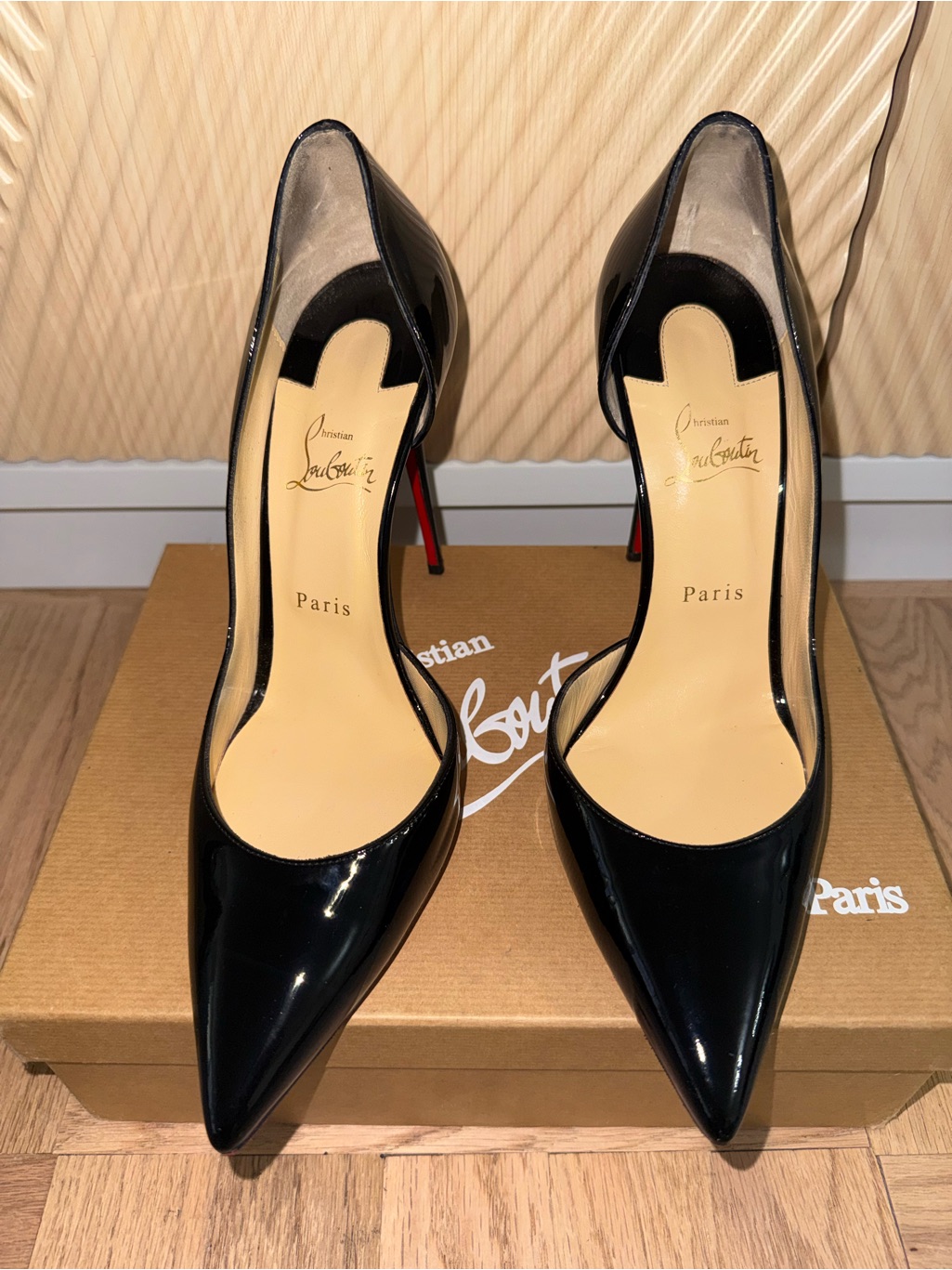 Christian Louboutin Black Patent Pointed-Toe Pumps With Red Sole